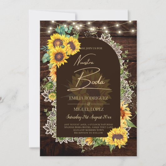 Rustikale Sonnenblumen Lights Lace Arch Wedding Einladung (Vorderseite)