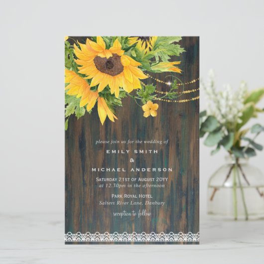 Rustikale Sonnenblumen Lights Lace Wedding Inv (Stehend Vorderseite)