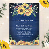 Rustikale Sonnenblumen Lights Navy Blue Wood Weddi Einladung