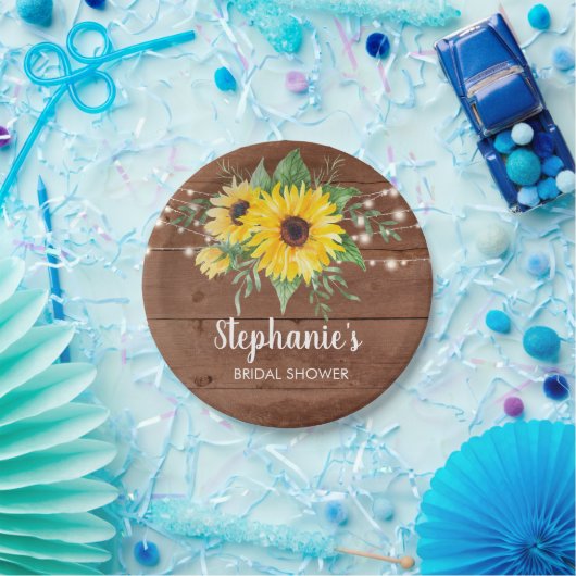 Rustikale Sonnenblumen Lights Wood Brautparty Pappteller (Party)