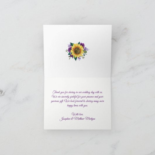 Rustikale Sonnenblumen Lila Blumenlampen Hochzeit Dankeskarte (Innenseite)
