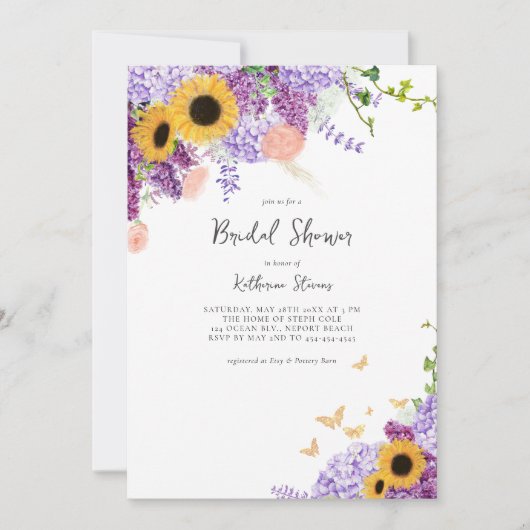 Rustikale Sonnenblumen Lilac Country Chic Brautpar Einladung (Vorderseite)