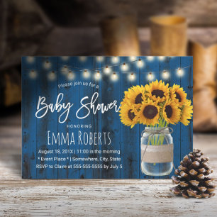 Rustikale Sonnenblumen-Mason-Glas Blaue Holz-Baby- Einladung