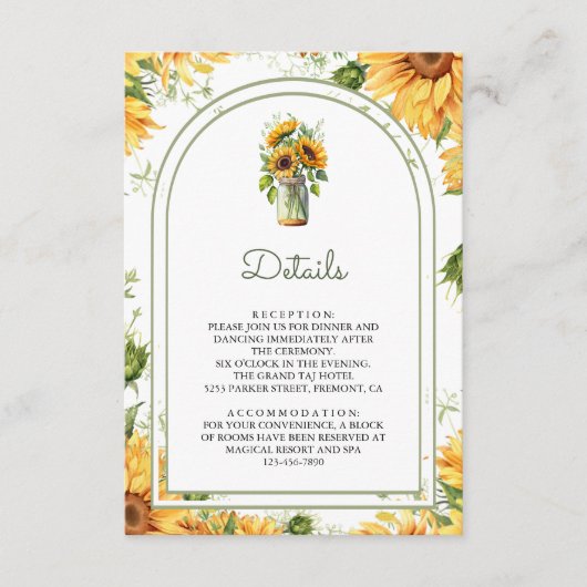 Rustikale Sonnenblumen-Mason-Glas-Bogen-Hochzeitsd Begleitkarte (Vorderseite)