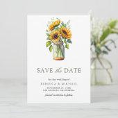 Rustikale Sonnenblumen Mason Jar Foto Hochzeit Save The Date (Stehend Vorderseite)