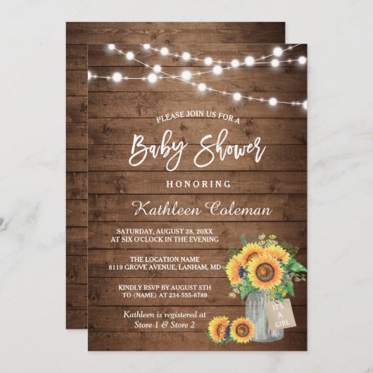 Rustikale Sonnenblumen Mason Jar Lights Babydusche Einladung (Vorne/Hinten)