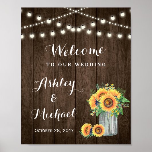Rustikale Sonnenblumen Mason Jar Lights Hochzeitsz Poster (Vorne)