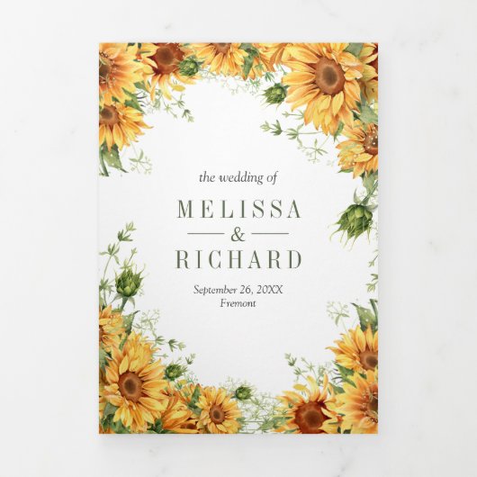 Rustikale Sonnenblumen Mason Jar QR Code Hochzeit Dreifach Gefaltete Einladung (Cover)