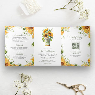 Rustikale Sonnenblumen Mason Jar QR Code Hochzeit Dreifach Gefaltete Einladung