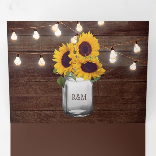 Rustikale Sonnenblumen Mason Jar String Lights Hoc Dreifach Gefaltete Einladung (Innen Erste Seite)