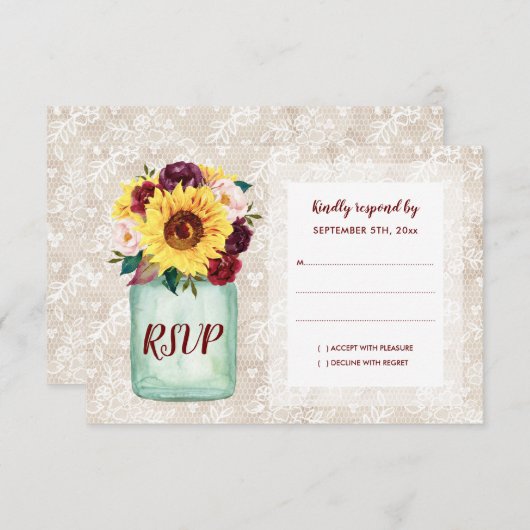 Rustikale Sonnenblumen Mason Jar Wedding RSVP (Vorne/Hinten)