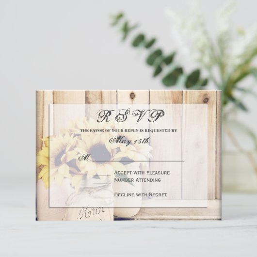Rustikale Sonnenblumen Mason Jar Wedding RSVP Card (Stehend Vorderseite)