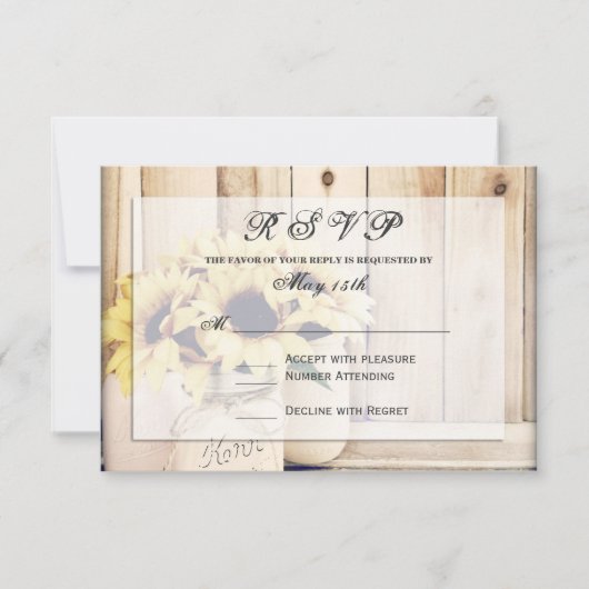 Rustikale Sonnenblumen Mason Jar Wedding RSVP Card Karte (Vorderseite)