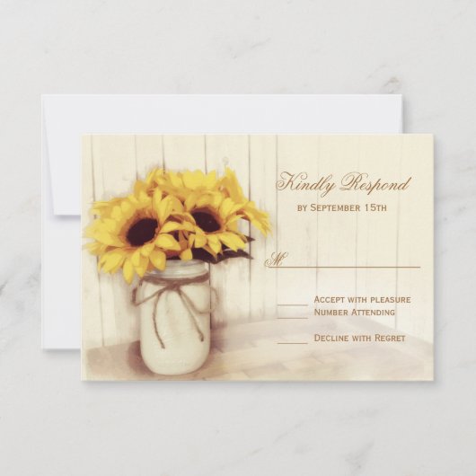 Rustikale Sonnenblumen Mason Jar Wedding RSVP Card Karte (Vorderseite)