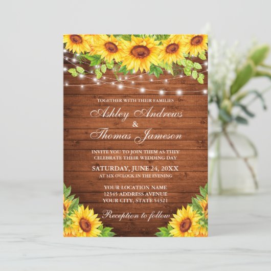 Rustikale Sonnenblumen mit Blumenzwiebelleuchten Einladung (Stehend Vorderseite)