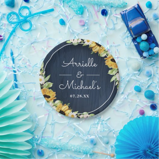 Rustikale Sonnenblumen Navy Blauer Wald Hintergrun Pappteller (Party)