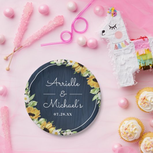 Rustikale Sonnenblumen Navy Blauer Wald Hintergrun Pappteller (Party)