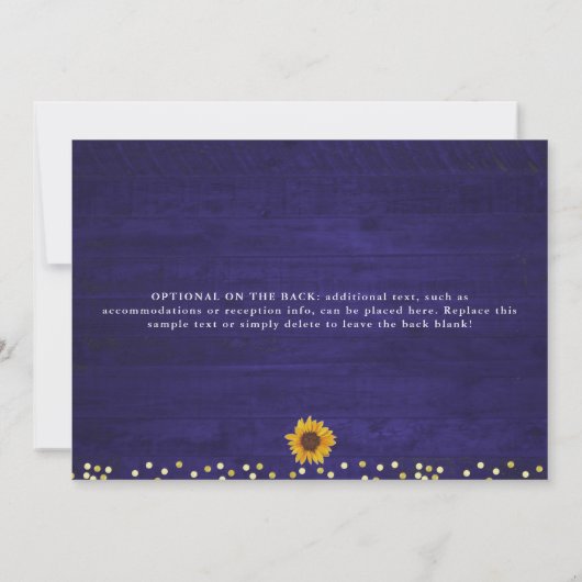Rustikale Sonnenblumen Navy Blue Gold Hochzeit Ein Einladung (Rückseite)