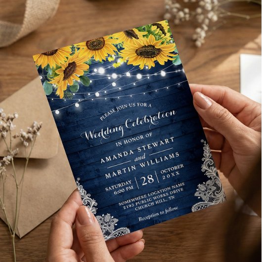 Rustikale Sonnenblumen Navy Blue String Lights Hoc Einladung
