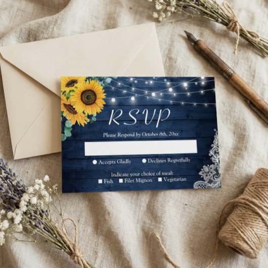 Rustikale Sonnenblumen Navy Blue String Lights Hoc RSVP Karte