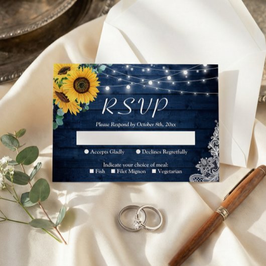 Rustikale Sonnenblumen Navy Blue String Lights Hoc RSVP Karte