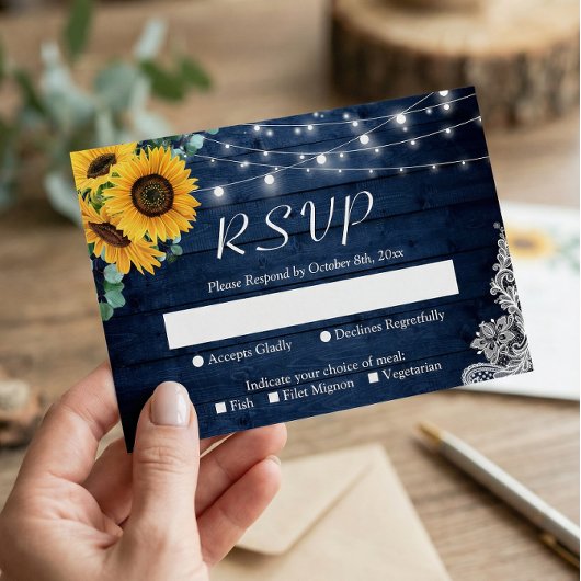 Rustikale Sonnenblumen Navy Blue String Lights Hoc RSVP Karte