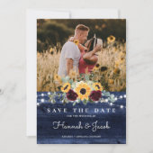 Rustikale Sonnenblumen Navy Blue String Lights Hoc Save The Date (Vorderseite)