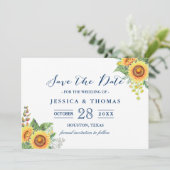Rustikale Sonnenblumen Navy Blue Wedding Save the  Date (Stehend Vorderseite)