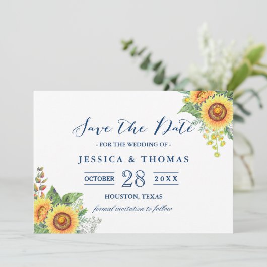 Rustikale Sonnenblumen Navy Blue Wedding Save the Date (Stehend Vorderseite)