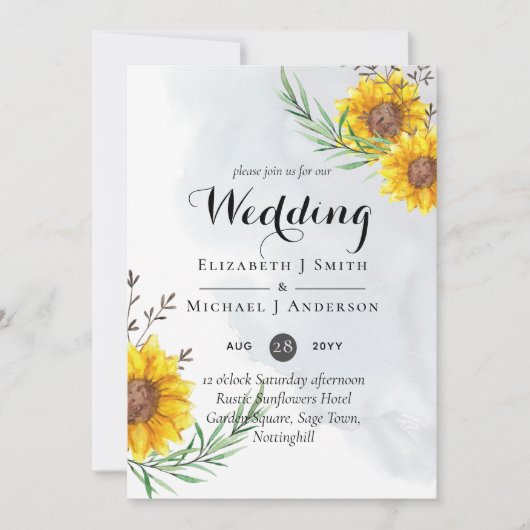 Rustikale Sonnenblumen Olivenbäume Blätter Hochzei (Vorderseite)