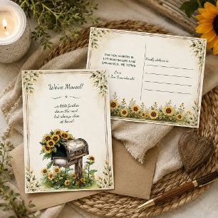 Rustikale Sonnenblumen-Postbox "Wir sind umgezogen Feiertagspostkarte