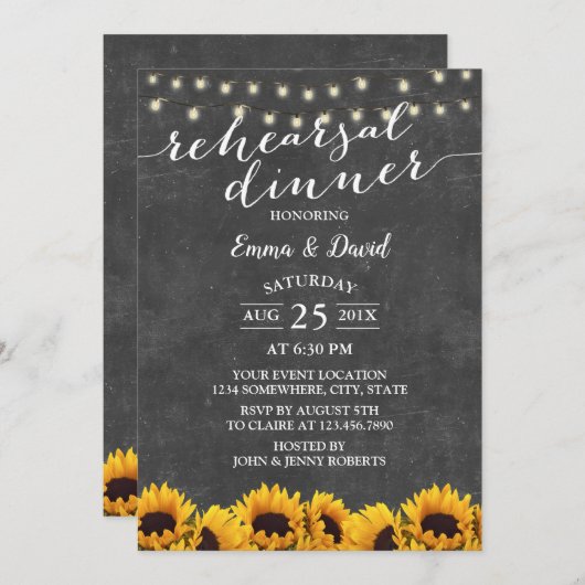 Rustikale Sonnenblumen Probe Chalkboard Abendessen Einladung (Vorne/Hinten)