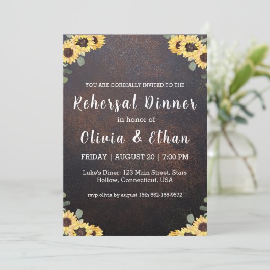 Rustikale Sonnenblumen Probe Einladungen (Stehend Vorderseite)