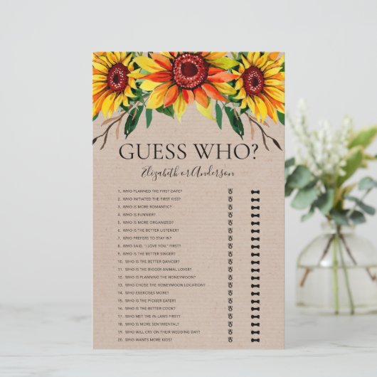 Rustikale Sonnenblumen raten, wer Brautparty-Spiel (Stehend Vorderseite)