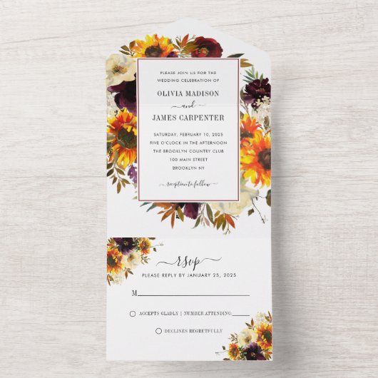 Rustikale Sonnenblumen Rose Burgundy Fall Blumenho All In One Einladung (Innen Boden)