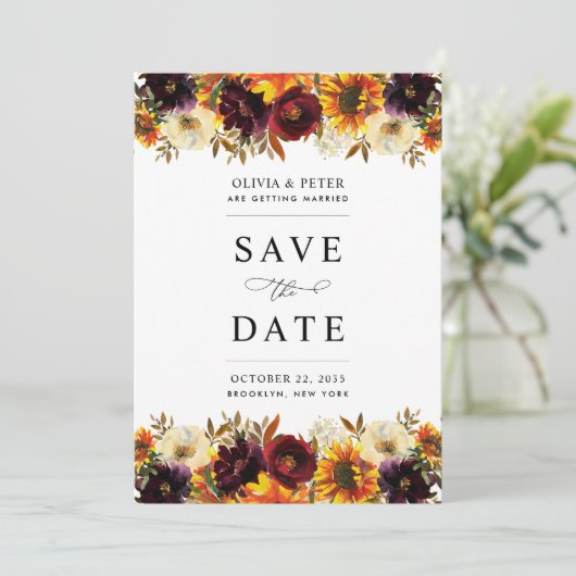 Rustikale Sonnenblumen Rose Burgundy Fall Blumenho Save The Date (Stehend Vorderseite)