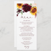 Rustikale Sonnenblumen-Rose Burgundy Red Wedding Menükarte (Vorne/Hinten)