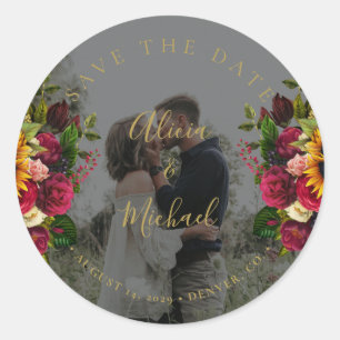 Rustikale Sonnenblumen Rose Foto Hochzeit rett Dat Runder Aufkleber