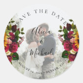 Rustikale Sonnenblumen Rose Foto Hochzeit rett Dat Runder Aufkleber (Vorderseite)