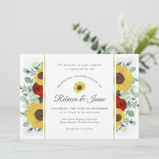Rustikale Sonnenblumen Rose Grüne Hochzeit Einladu Einladung (Stehend Vorderseite)