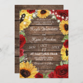 Rustikale Sonnenblumen-Rose Holz Hintergrund Hochz Einladung (Vorne/Hinten)