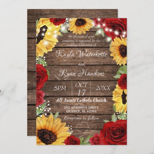 Rustikale Sonnenblumen-Rose Holz Hintergrund Hochz Einladung (Vorne/Hinten)