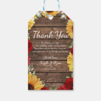 Rustikale Sonnenblumen-Rose Holz Hintergrund Hochz Geschenkanhänger