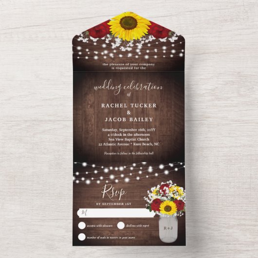 Rustikale Sonnenblumen Rose Jar Lights Hochzeit All In One Einladung (Innen Boden)