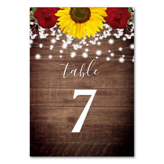 Rustikale Sonnenblumen Rose Jar Lights Hochzeit Tischnummer (Vorderseite)
