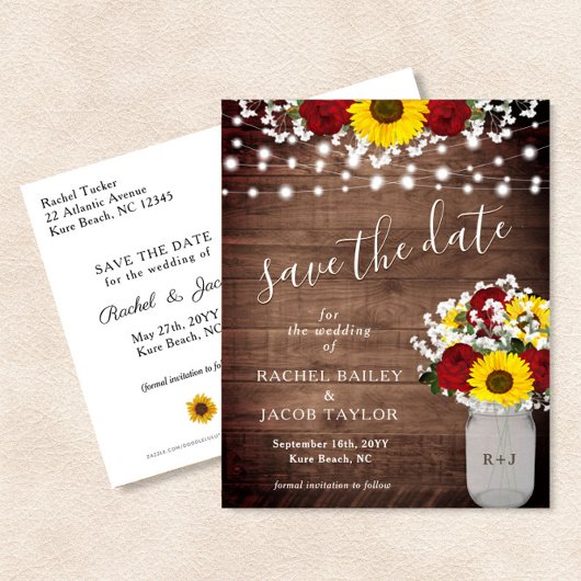 Rustikale Sonnenblumen Rose Jar Lights Save the Da Postkarte