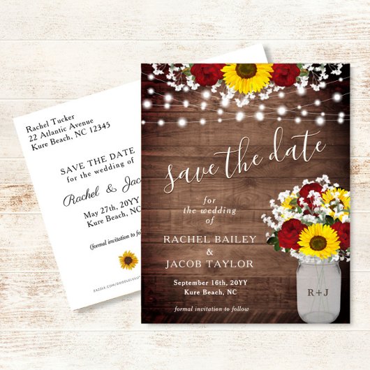 Rustikale Sonnenblumen Rose Jar Lights Save the Da Postkarte