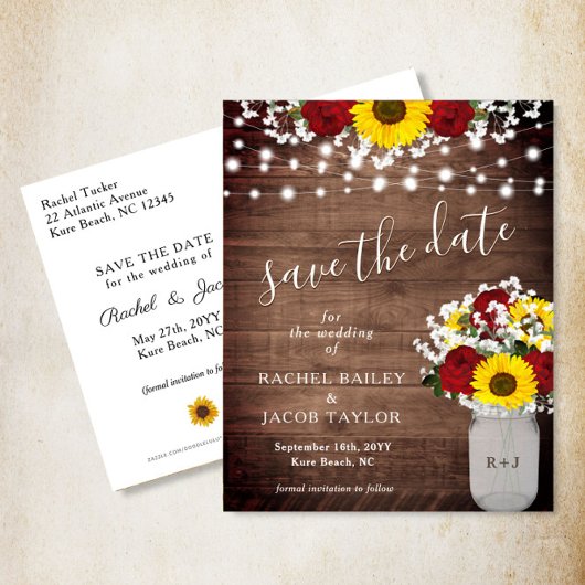 Rustikale Sonnenblumen Rose Jar Lights Save the Da Postkarte