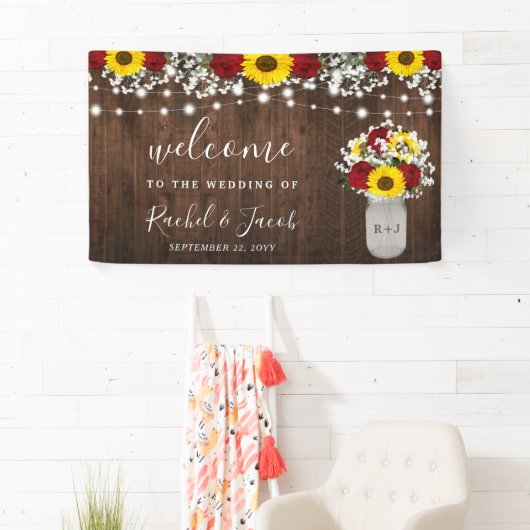 Rustikale Sonnenblumen Rose Jar String Lights Hoch Banner (Insitu)