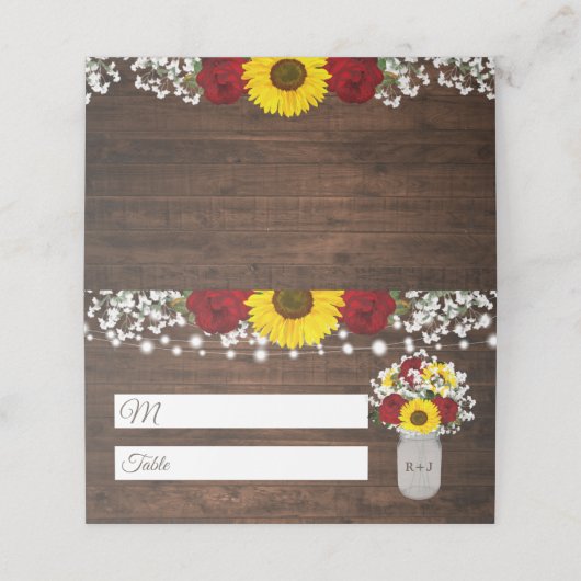 Rustikale Sonnenblumen Rose Jar String Lights Hoch Platzkarte (Außenseite Aufgefaltet)